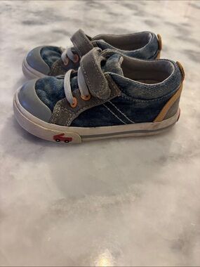 Kids Denim Blue and Gray Casual Sneakers with Orange Accent